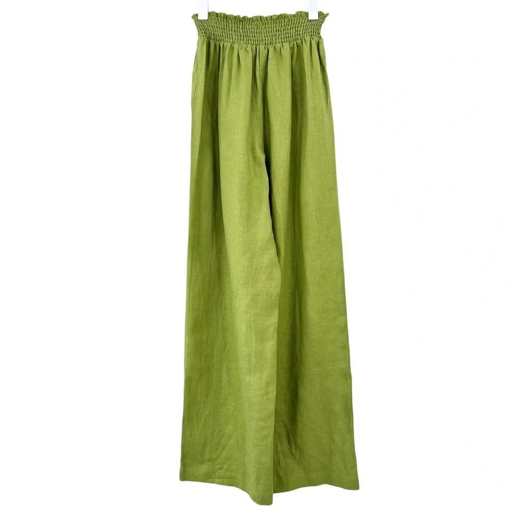Reformation Vera Linen 2 Piece Set - Green Smocked Top & Matching Cropped Pants